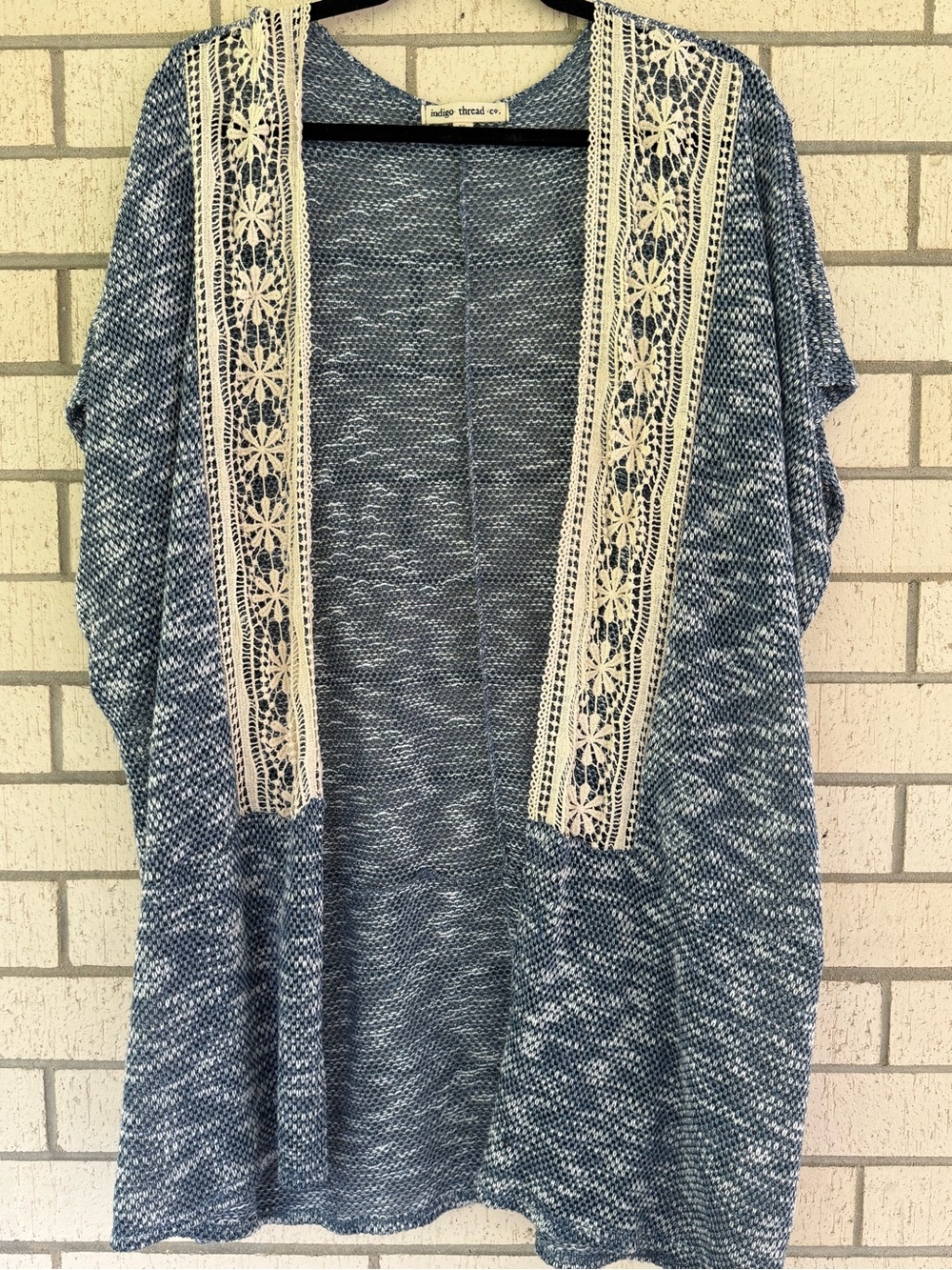 Denim-Blue Open Front Crochet-Trim Cardigan